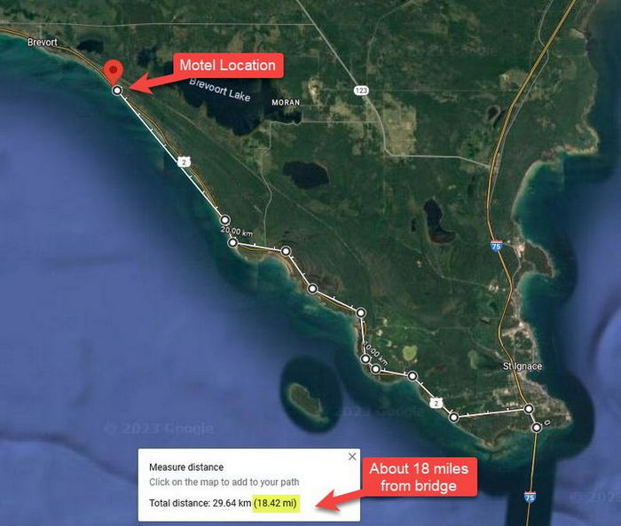 Driftwood Motel - Aerial Map With Driving Distance From Bridge